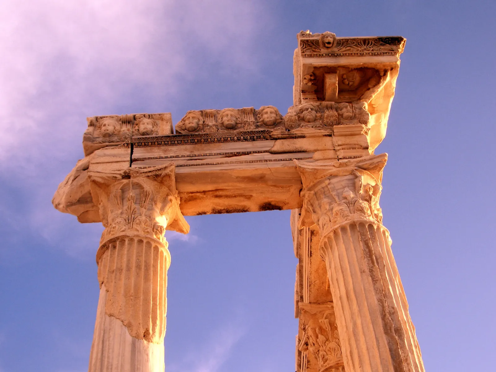 Ancient columns and carved frieze of the Temple of Apollo in Side.